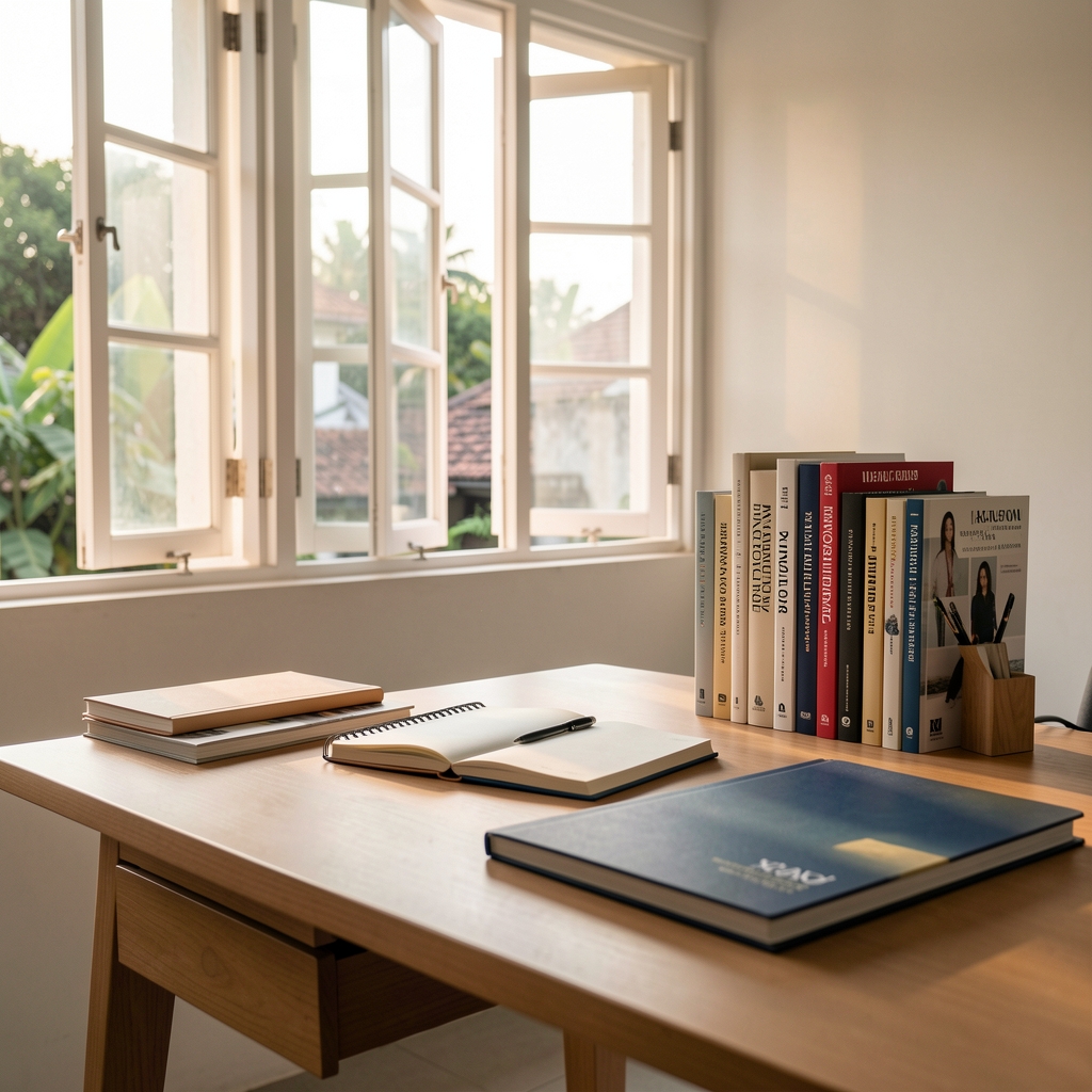 Kaleno studio editorial workspace in Jakarta — a clean desk with notebooks, reference books and morning light through open windows