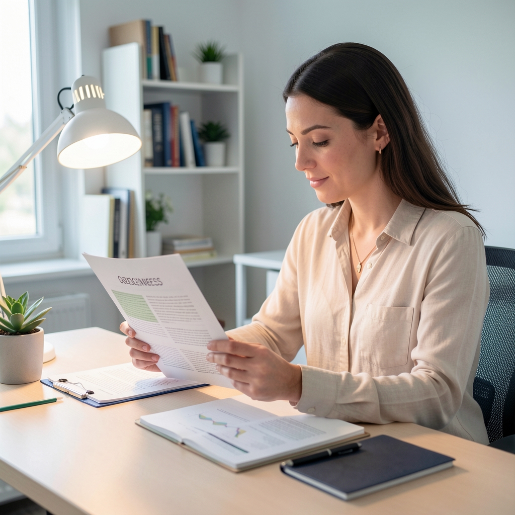Wellness specialist reviewing a printed article at a desk with research notes, under controlled lighting in a clean professional workspace