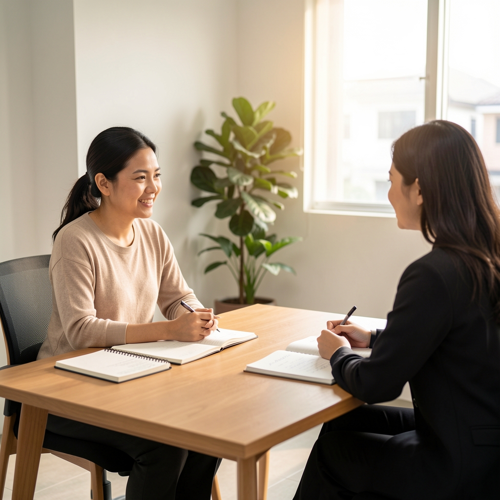 Wellness specialist sitting across from a client at a minimal meeting table with notebooks open, discussing a structured self-care plan under warm studio lighting in Jakarta