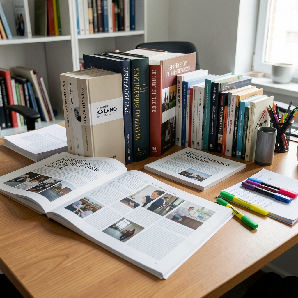 Research reference books and printed journal articles arranged on a desk in the Kaleno editorial studio with organised research notes and highlighters