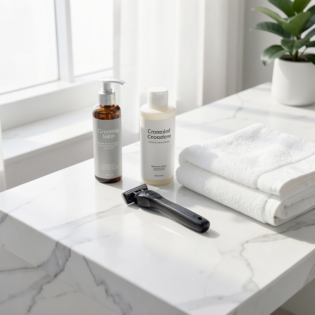Grooming flatlay on marble surface showing skincare products, razor and towel with soft morning light