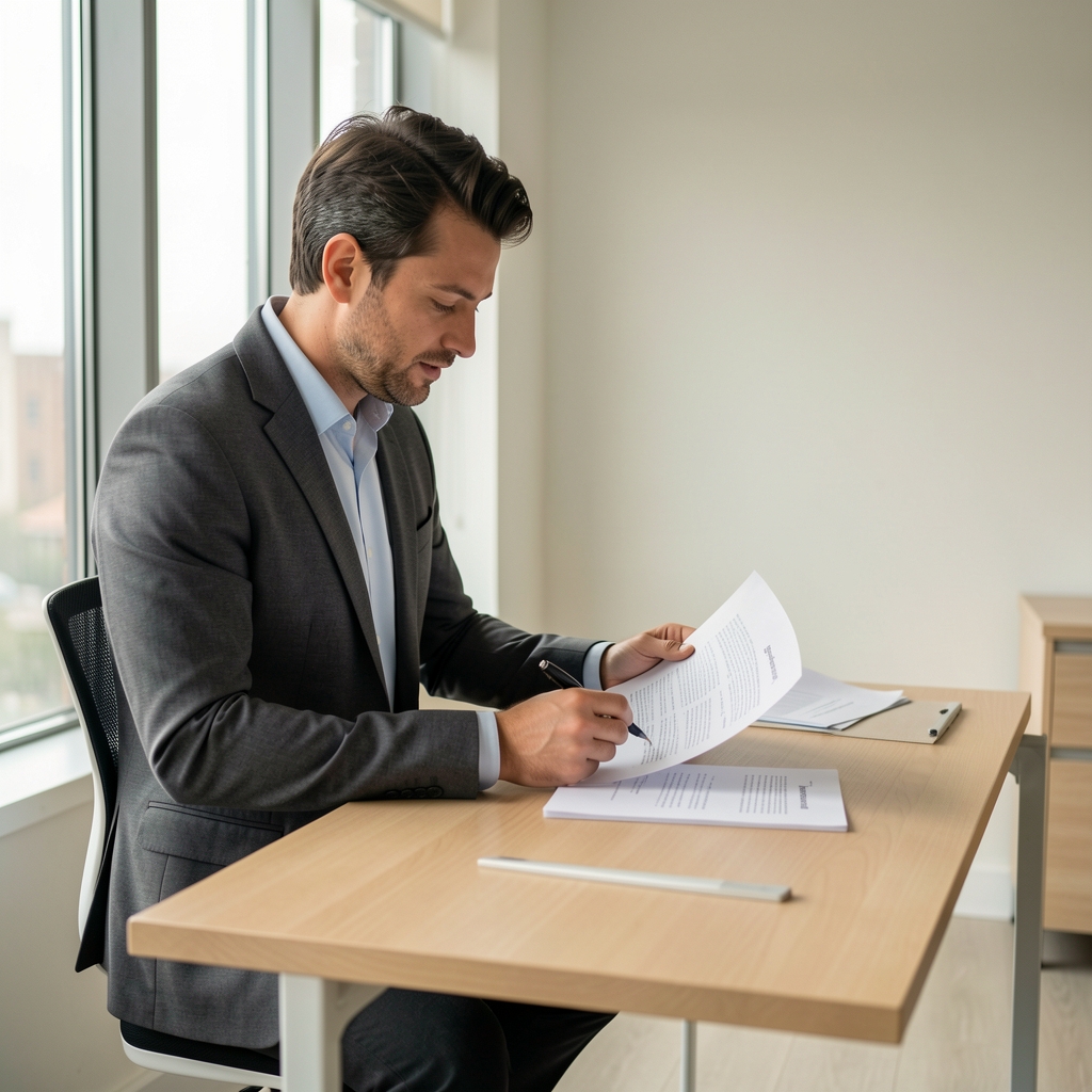 Kaleno lead specialist at standing desk reviewing printed research articles with pen, natural light from large windows, minimal interior